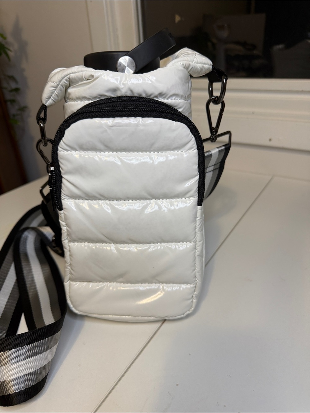 WanderFull White Glossy Puffer Crossbody Water Bottle HydroBag